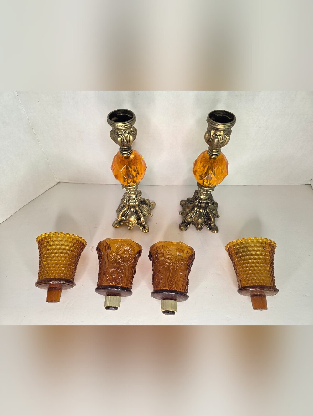 Vintage Set of 2 1950s Hollywood Regency Candlesticks &Set of 4 Faceted Amber